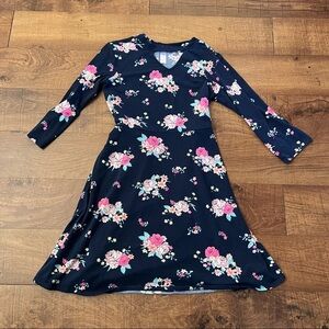 Justice girls flower & navy blue dress Sz 18 +plus stretchy ties at waist